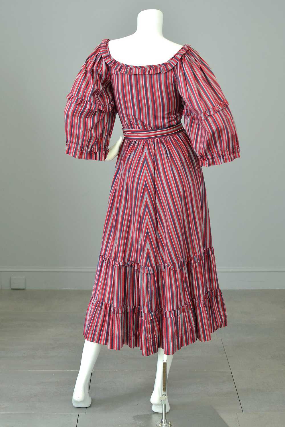 1980s Striped Cotton Peasant Dress with Puffy Bel… - image 7