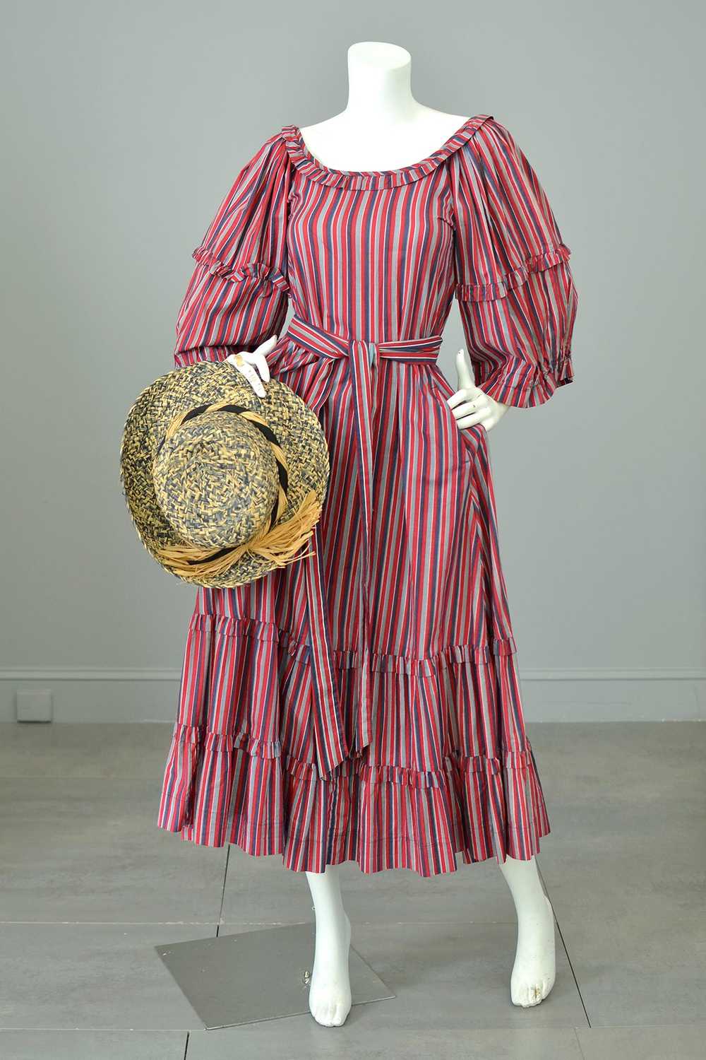 1980s Striped Cotton Peasant Dress with Puffy Bel… - image 8