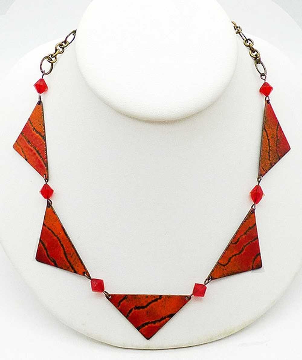 Orange and Red Enamel Copper Triangles Necklace - image 1