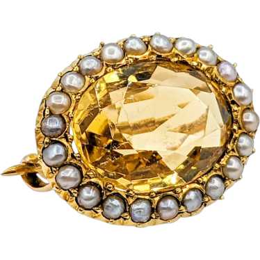 Antique 15k Oval Citrine & Seed Pearl Pin Brooch - image 1