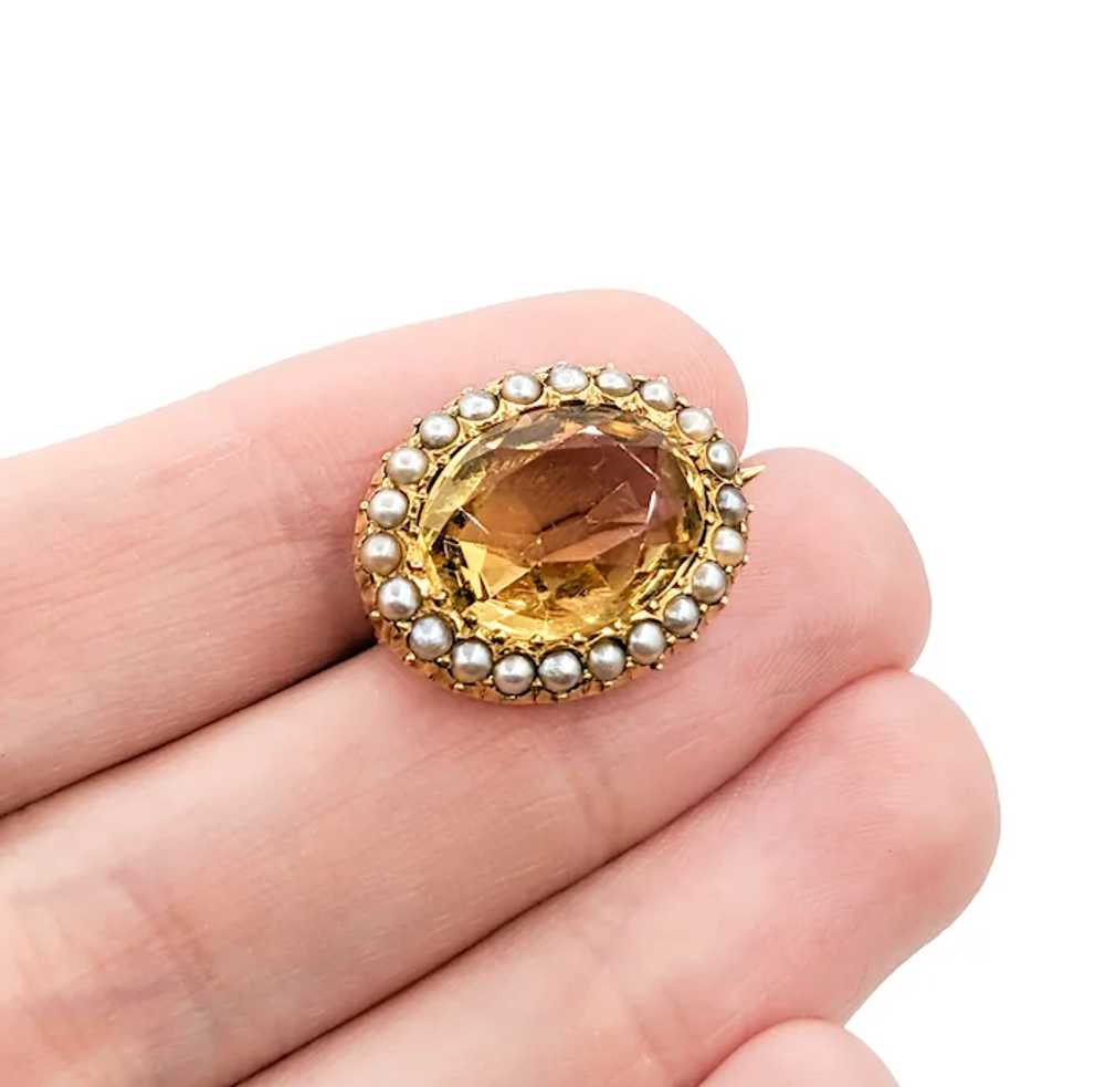 Antique 15k Oval Citrine & Seed Pearl Pin Brooch - image 2