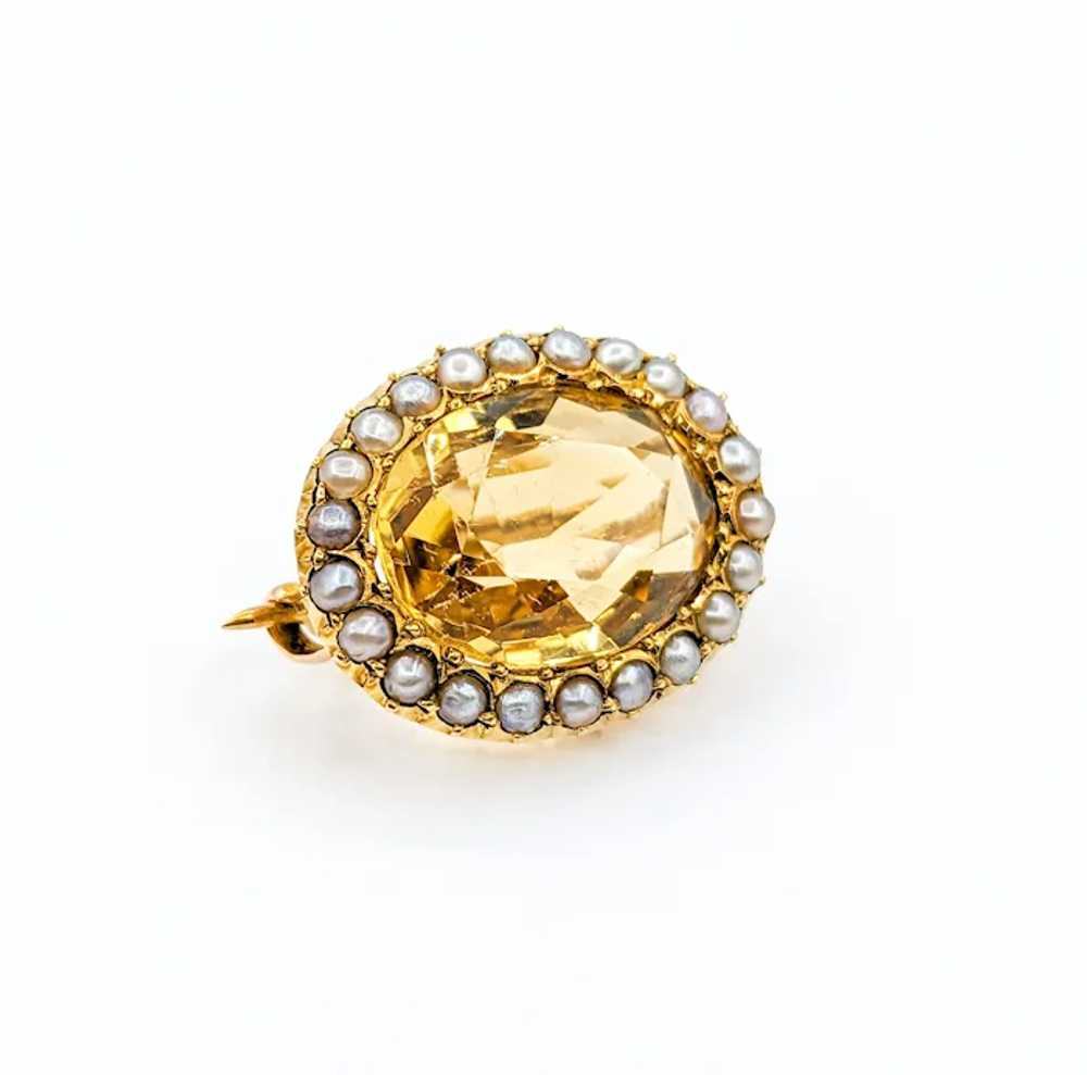 Antique 15k Oval Citrine & Seed Pearl Pin Brooch - image 3