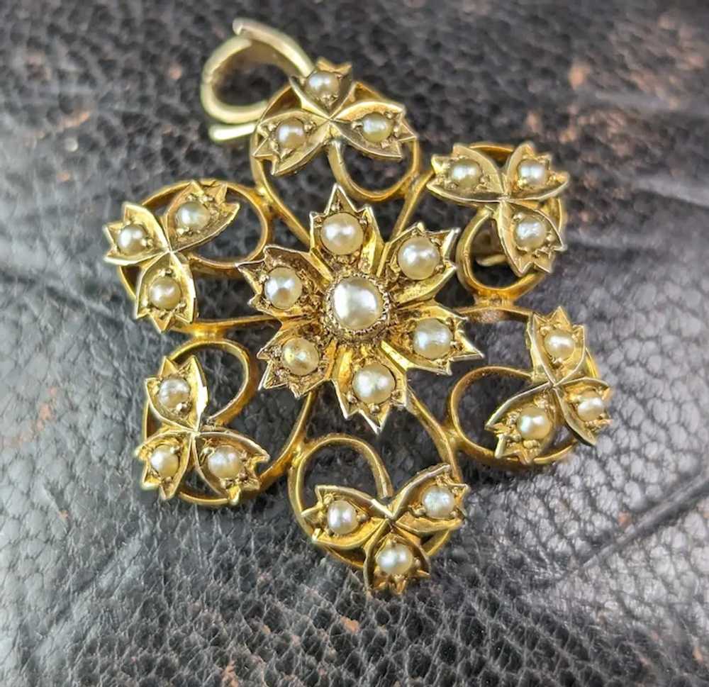 Antique Pearl flower pendant brooch, 9k gold, Art… - image 11