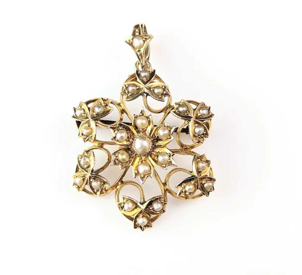 Antique Pearl flower pendant brooch, 9k gold, Art… - image 12