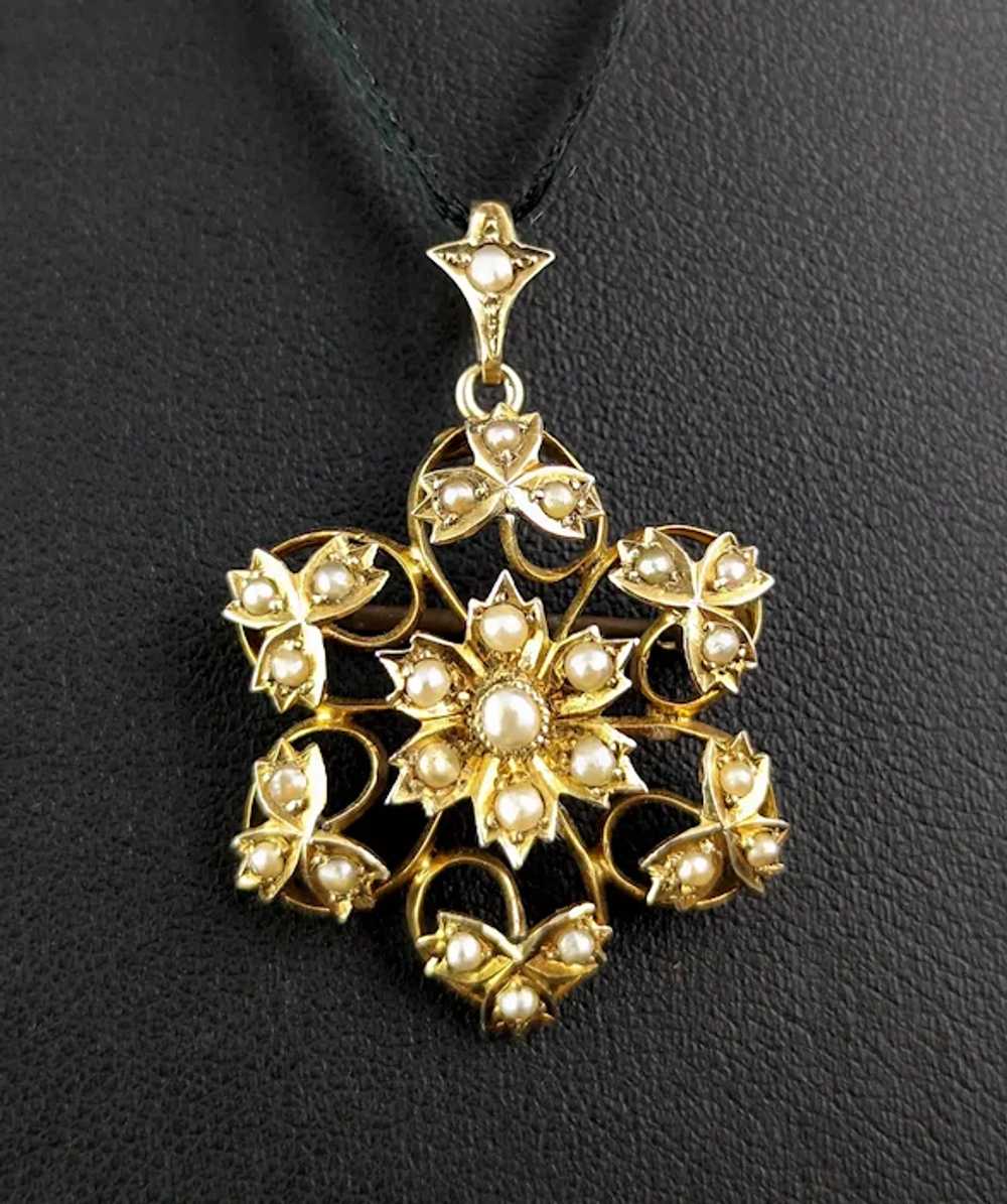 Antique Pearl flower pendant brooch, 9k gold, Art… - image 3