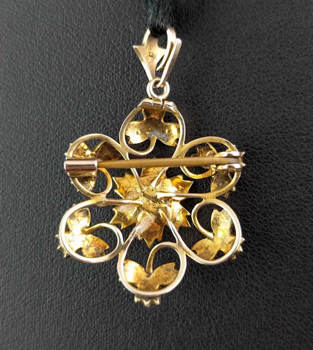 Antique Pearl flower pendant brooch, 9k gold, Art… - image 5