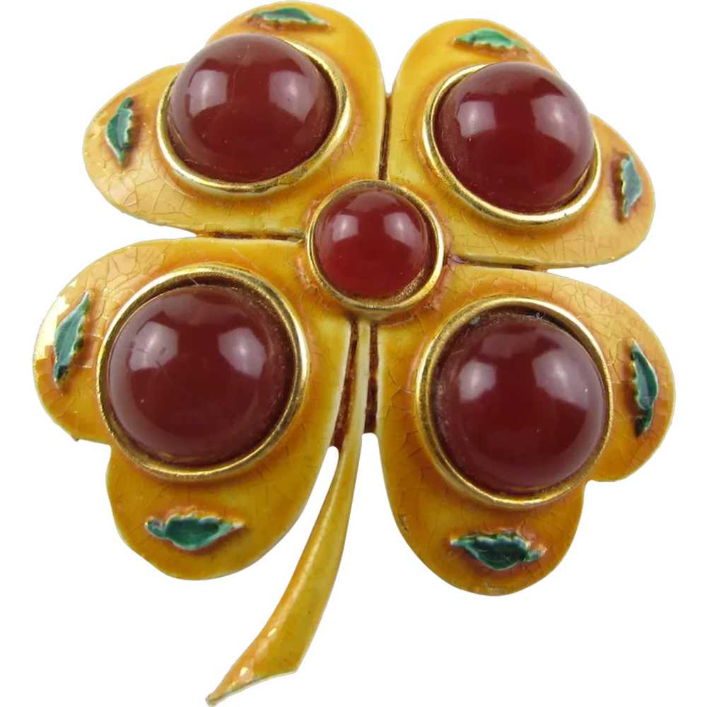 Gold Tone Enamelled Clover Pin With Faux Carnelia… - image 1