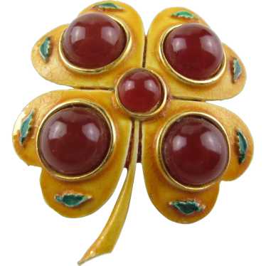 Gold Tone Enamelled Clover Pin With Faux Carnelia… - image 1