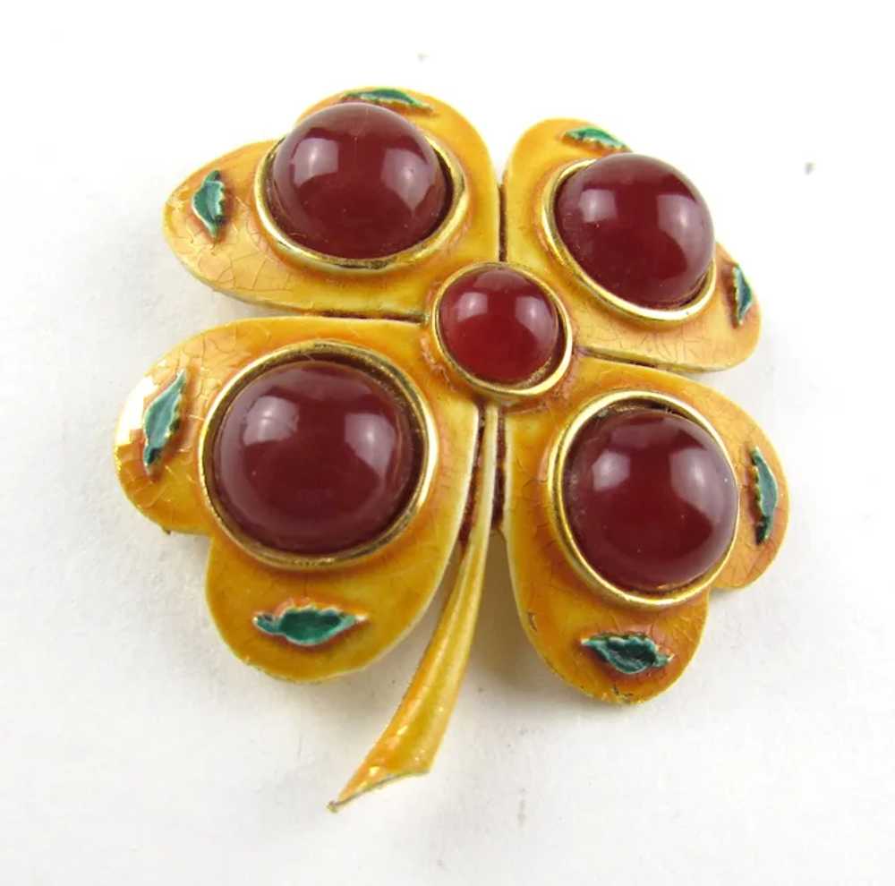 Gold Tone Enamelled Clover Pin With Faux Carnelia… - image 2