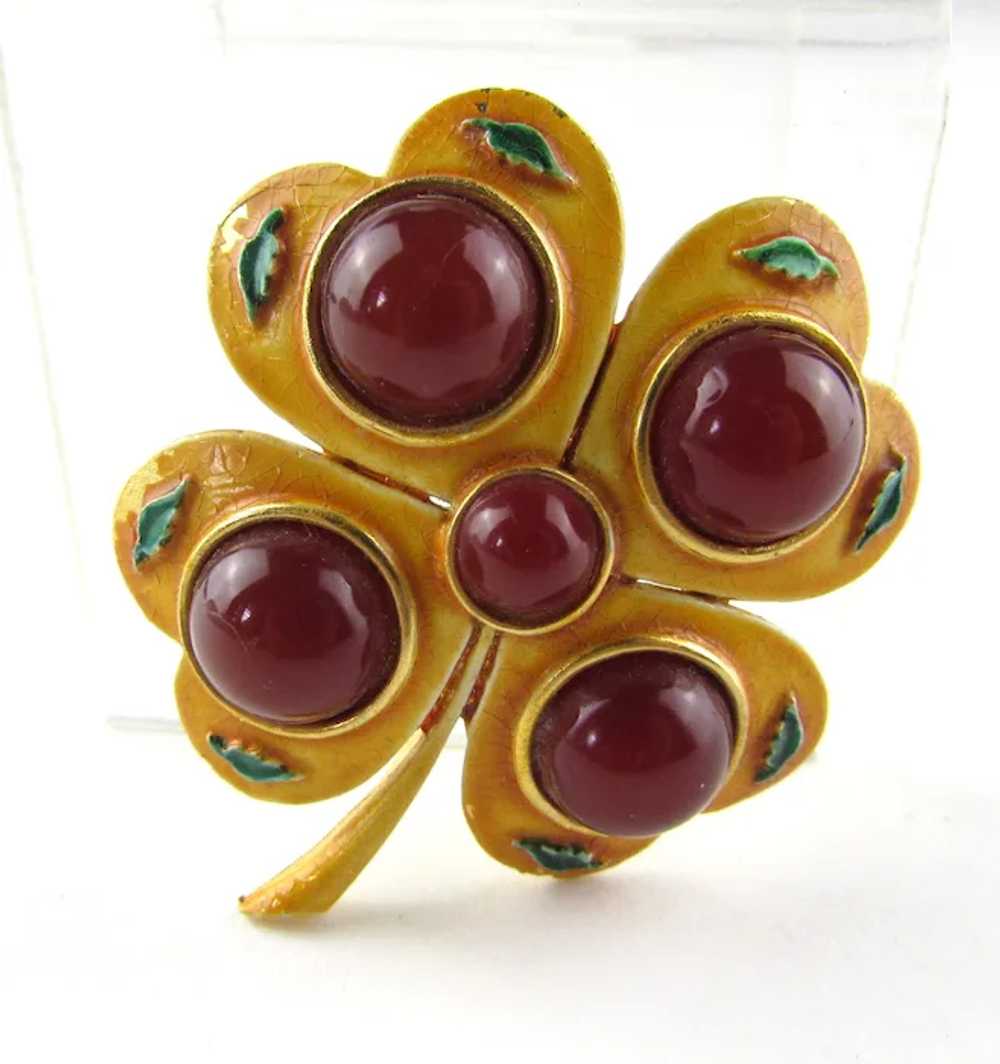 Gold Tone Enamelled Clover Pin With Faux Carnelia… - image 3