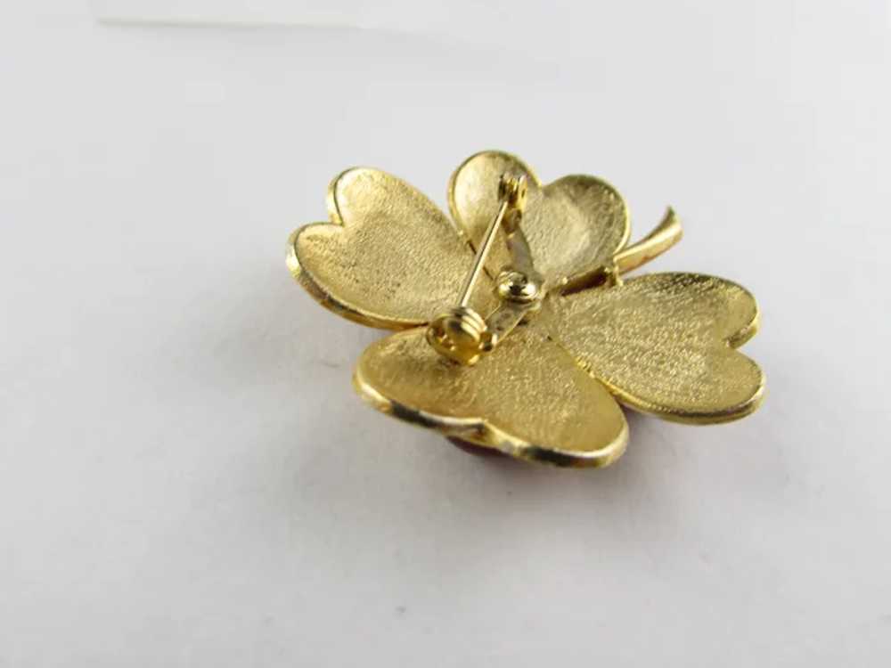 Gold Tone Enamelled Clover Pin With Faux Carnelia… - image 6