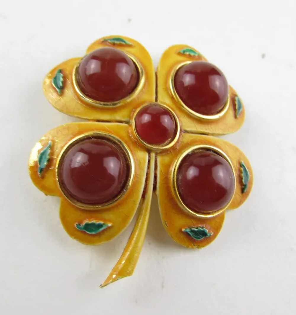 Gold Tone Enamelled Clover Pin With Faux Carnelia… - image 7