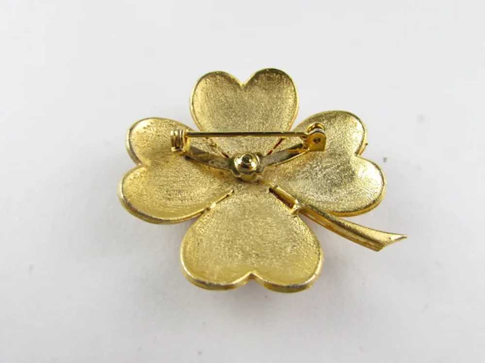 Gold Tone Enamelled Clover Pin With Faux Carnelia… - image 8