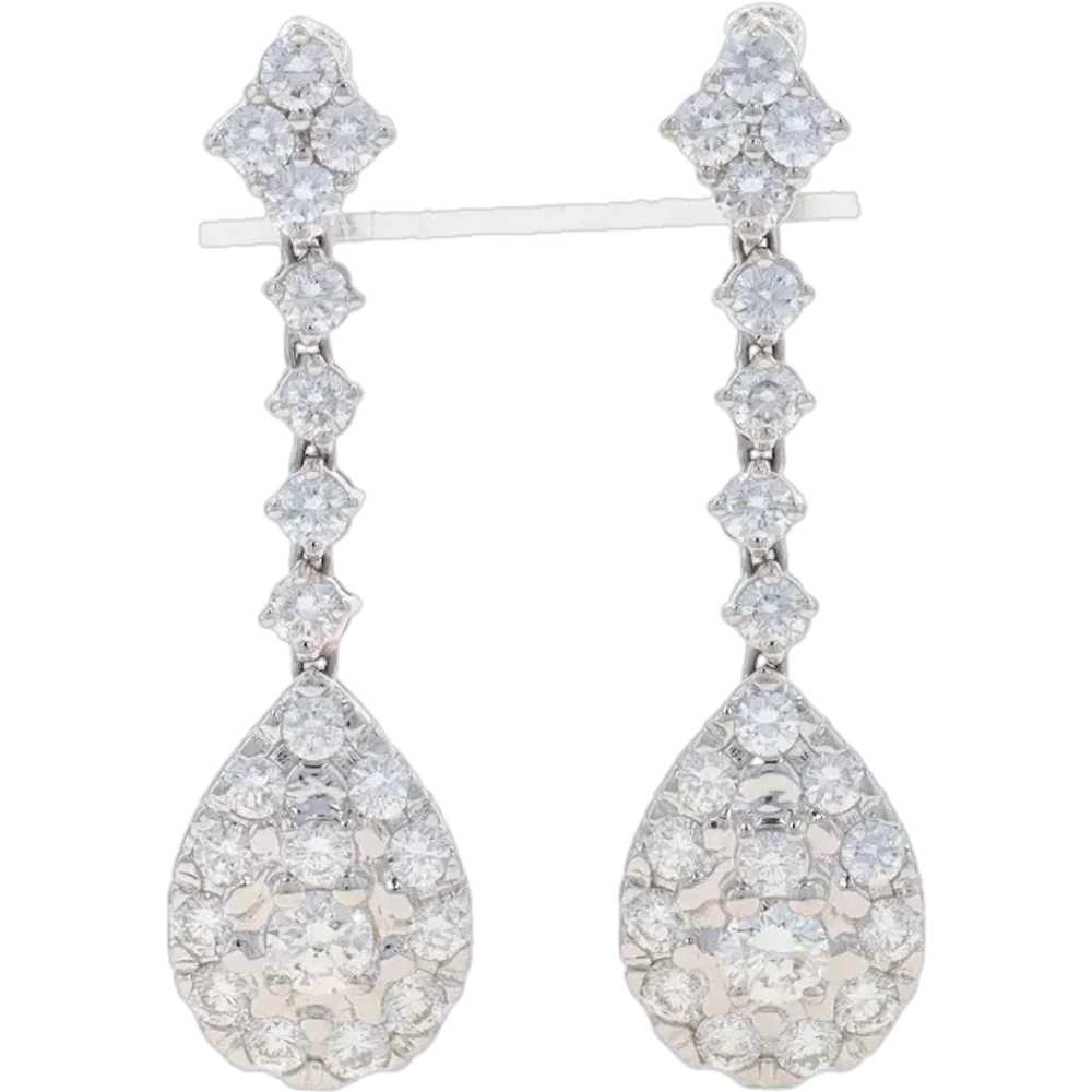 White Gold Diamond Cluster Halo Dangle Earrings 1… - image 1