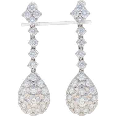 White Gold Diamond Cluster Halo Dangle Earrings 1… - image 1