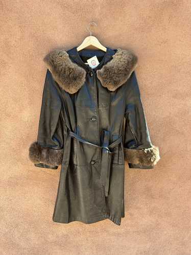 60's Black Leather Belted Coat with Fur Detail - image 1