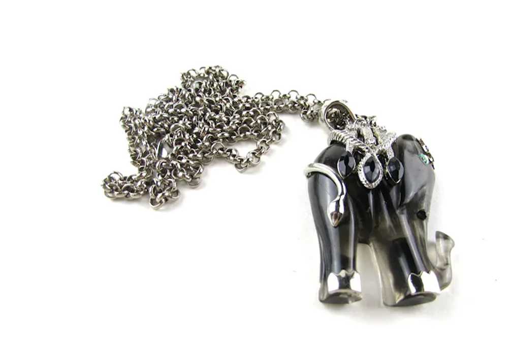 Smoky  Carved Lucite Elephant Pendant on Silver T… - image 12