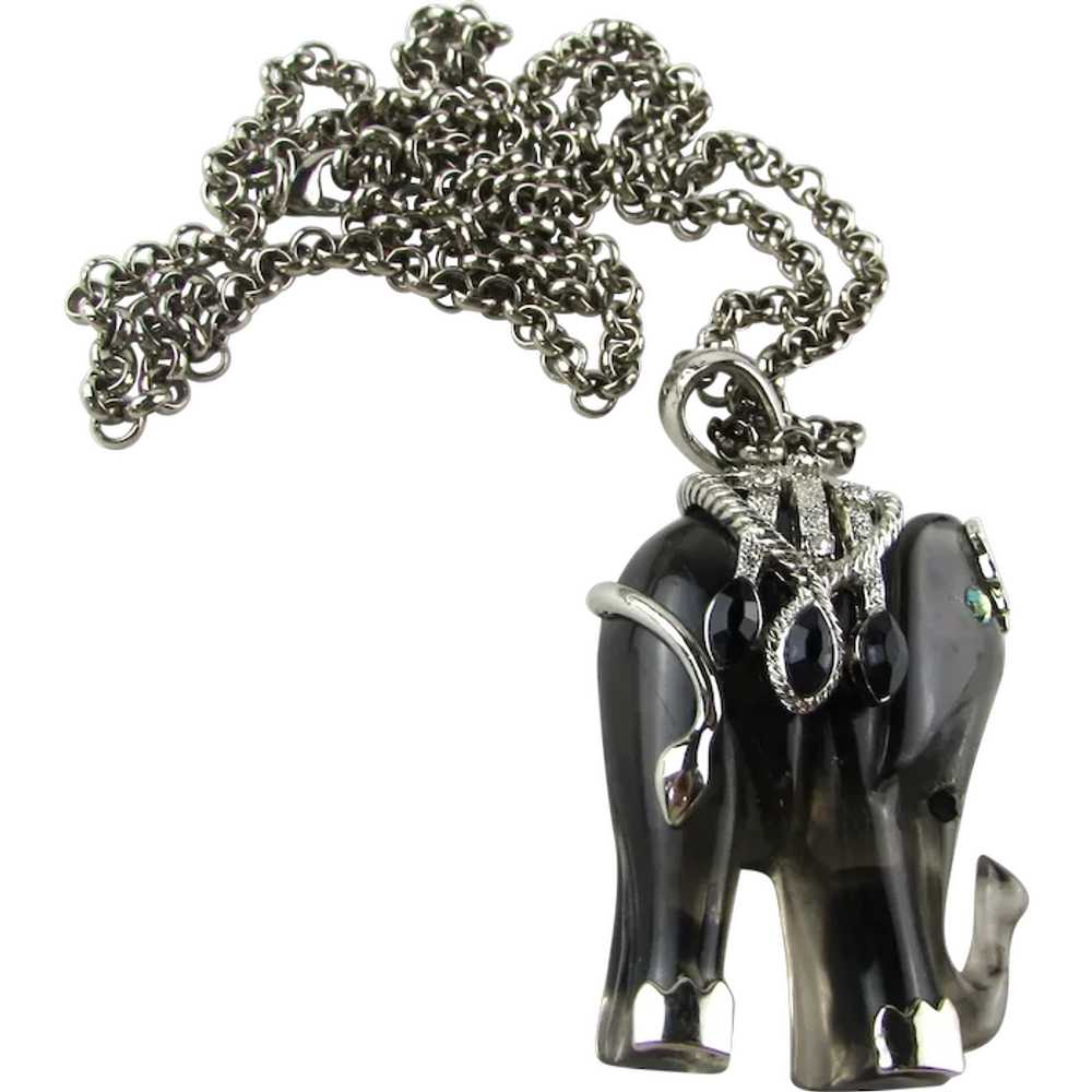 Smoky  Carved Lucite Elephant Pendant on Silver T… - image 1