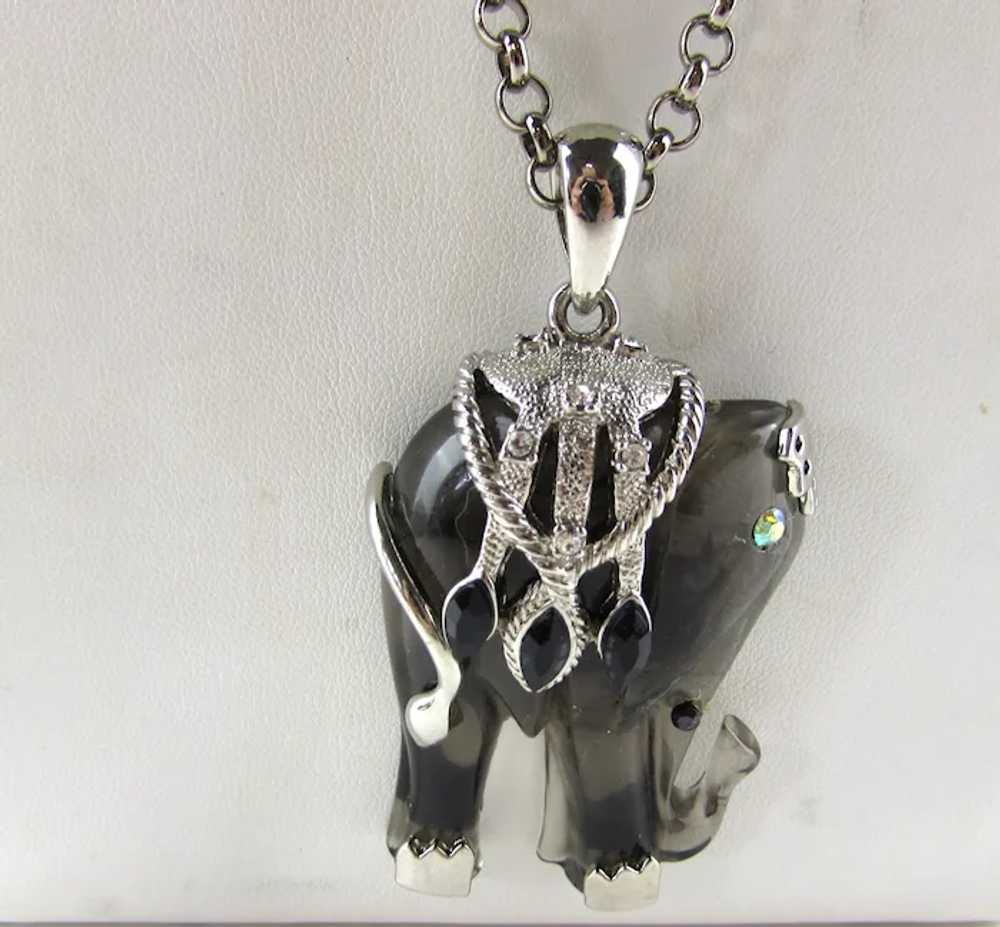 Smoky  Carved Lucite Elephant Pendant on Silver T… - image 3
