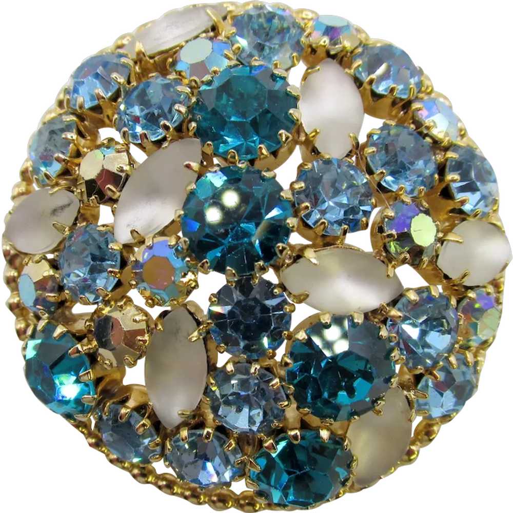 Striking Teal Blue and White Moonglow Domed Brooch - image 1