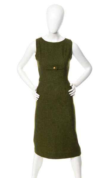 1960s Olive Green Wool Wiggle Dress | x-small - image 1