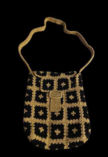 70's Vintage Black Gold Crochet Lurex Handbag Bag