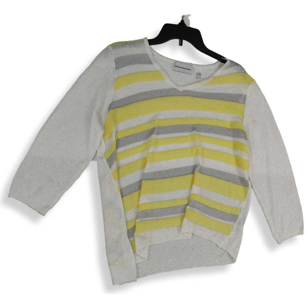 Womens White Yellow Striped Knitted 3/4 Sleeve V-… - image 1
