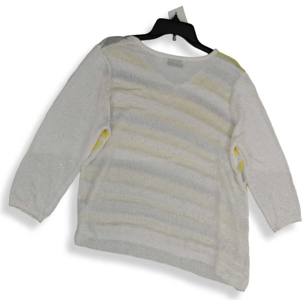Womens White Yellow Striped Knitted 3/4 Sleeve V-… - image 2