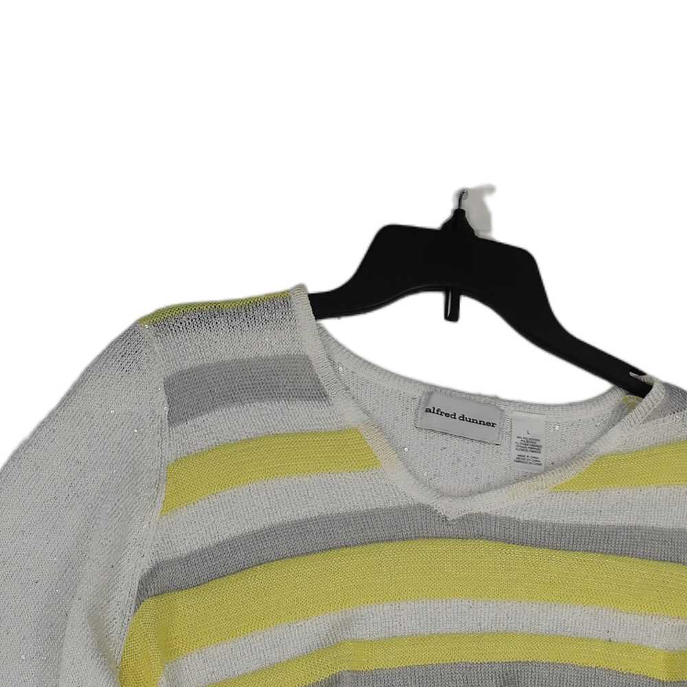 Womens White Yellow Striped Knitted 3/4 Sleeve V-… - image 3