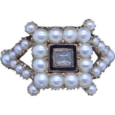 Antique Georgian Ring 15ct Gold Pearls Enamel Hair