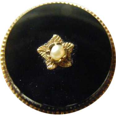 Victorian 1880s 14K Onyx Brooch Seed Pearl 1" Dia… - image 1