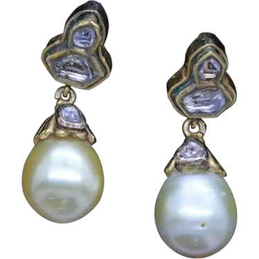 Vintage Earrings 20k Gold, South Sea Pearls, Diam… - image 1