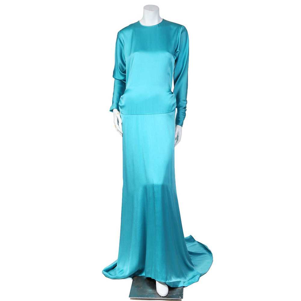 1980s Aqua Blue Long Sleeve Haute Couture Gown - image 1