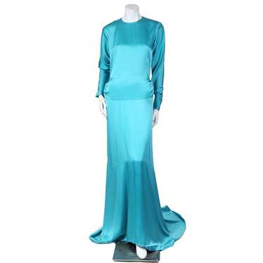 1980s Aqua Blue Long Sleeve Haute Couture Gown - image 1