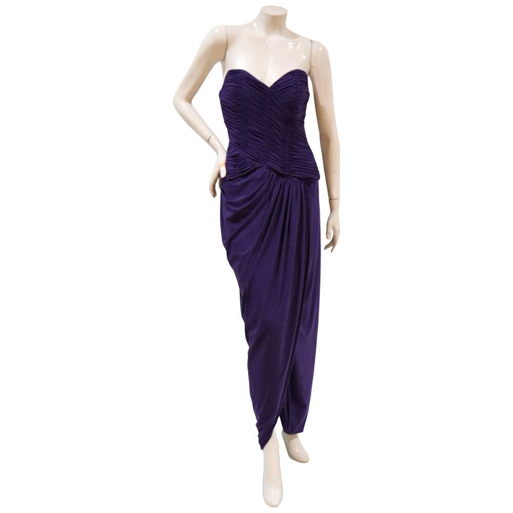 1980s Purple Silk Strapless Draped Gown - image 1