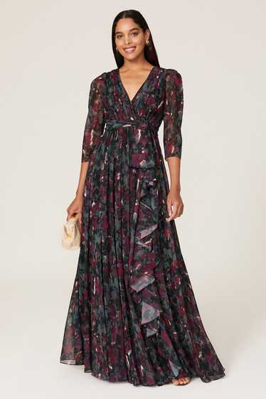 Badgley Mischka Pleated Floral Gown