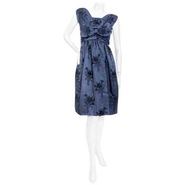 1960s Blue Silk Floral Embroidered Bow Dress - image 1