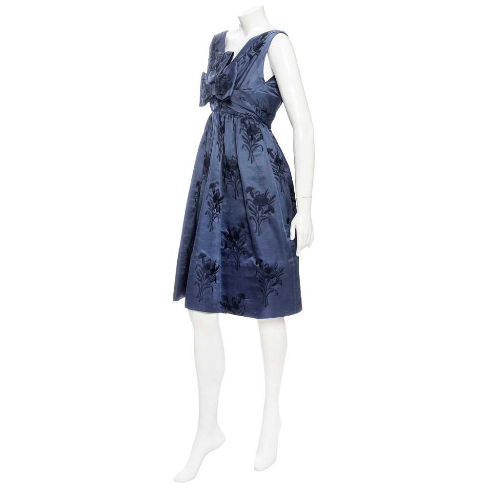 1960s Blue Silk Floral Embroidered Bow Dress - image 2