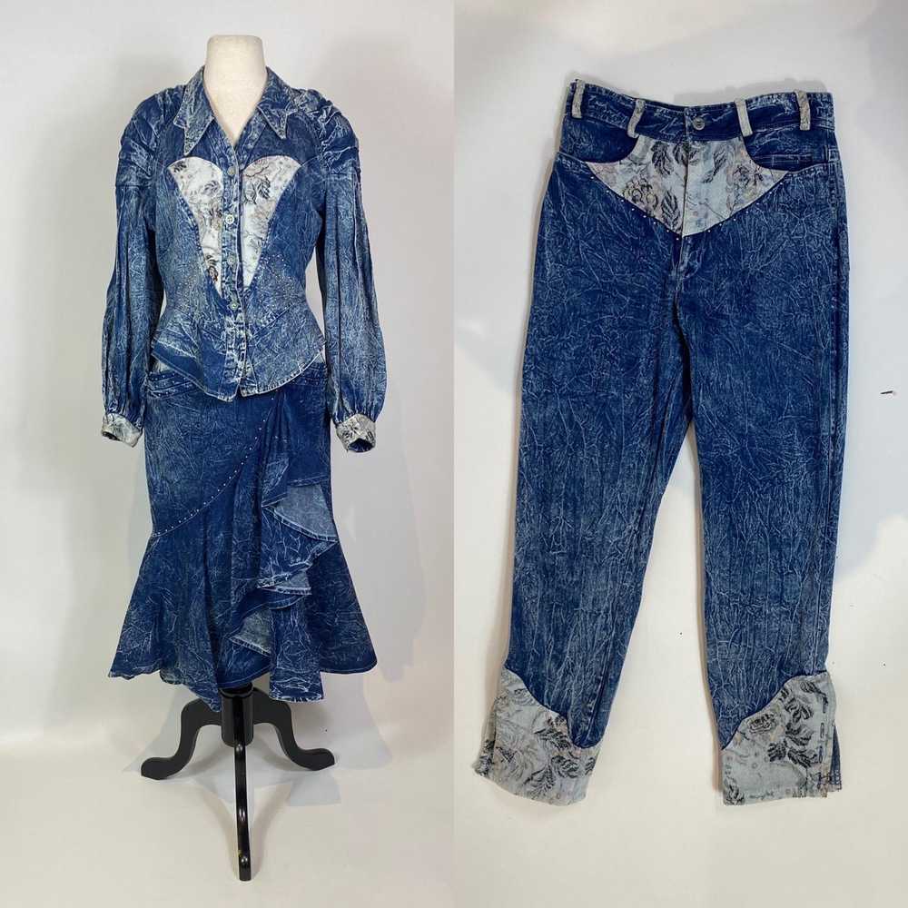 1980s Carreli Acid Wash Denim Three Piece Skirt T… - image 1