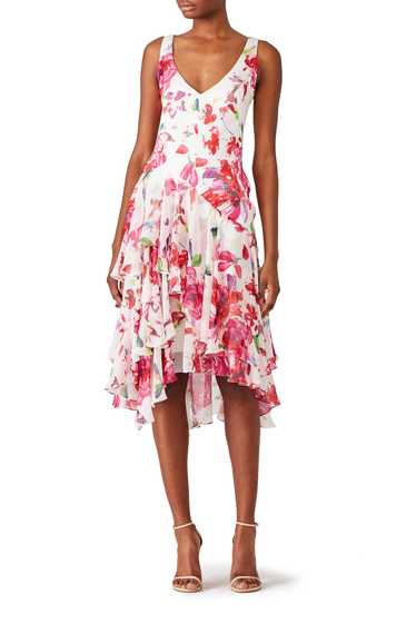 Theia Pink Floral Ruffle Dress