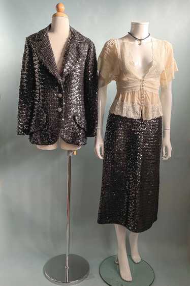 Vintage 60s Black Sequin Jacket/Skirt 2 Piece Suit