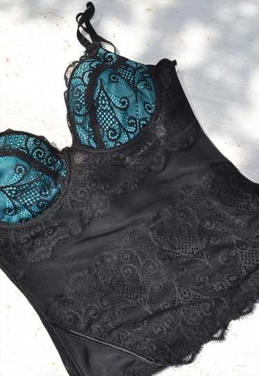 Vintage black/blue lace/tulle stretch corset busti