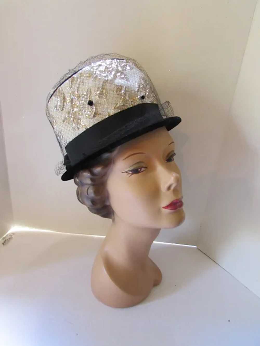 SALE 1960 Era Bucket Hat Gold Brocade and Black V… - image 2