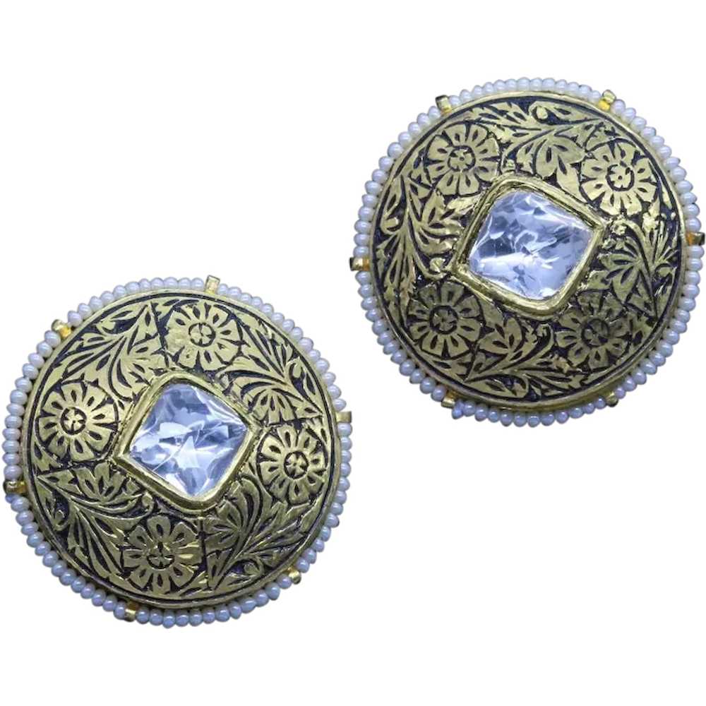 Vintage Earrings 22k Gold Pearl White Sapphire En… - image 1