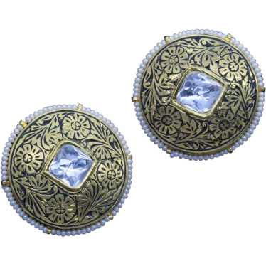 Vintage Earrings 22k Gold Pearl White Sapphire En… - image 1