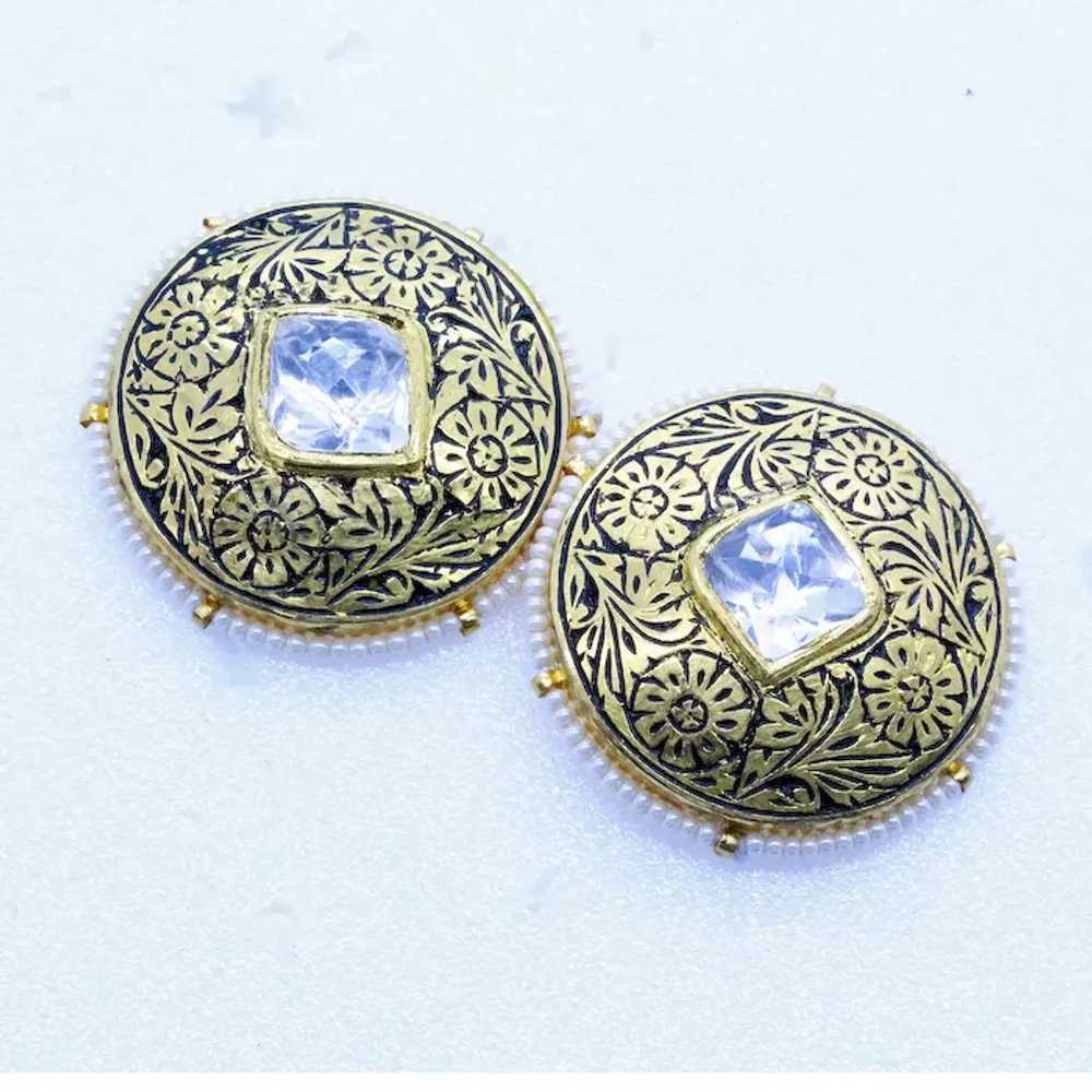 Vintage Earrings 22k Gold Pearl White Sapphire En… - image 2
