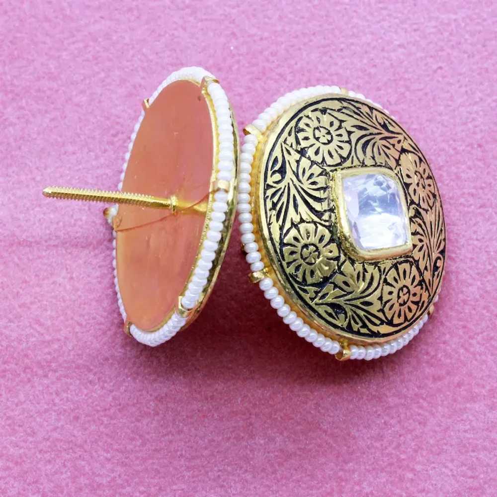 Vintage Earrings 22k Gold Pearl White Sapphire En… - image 3