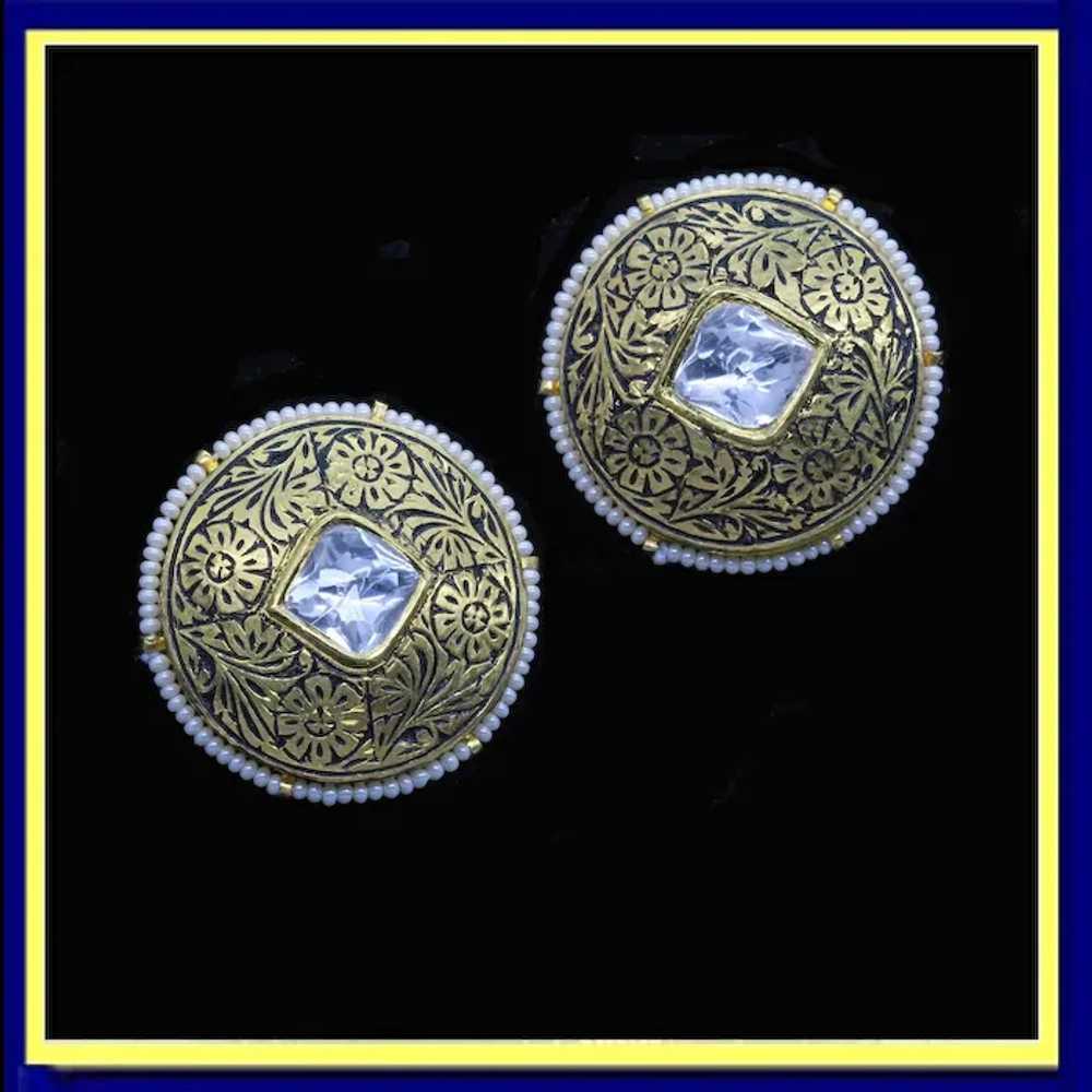 Vintage Earrings 22k Gold Pearl White Sapphire En… - image 7
