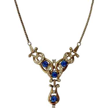 1940's Retro Blue & Clear Rhinestone Choker Neckl… - image 1