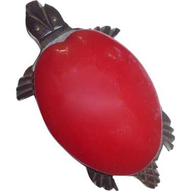 Vintage Red Bakelite and Wood Carved Turtle Pin B… - image 1